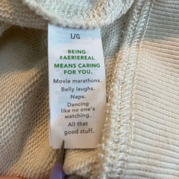 Aerie The Chill Love Crewneck Sweatshirt Cream French Terry Knit Distressed Trim - Picture 7 of 11